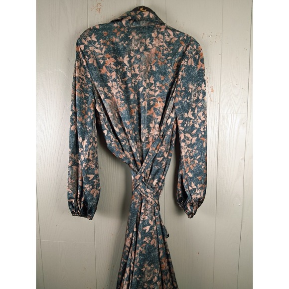 NWT Green & Copper Wrap Midi Maxi Dress ‎ Medium Puff Sleeve Boho Hi Low Floral - Picture 9 of 13